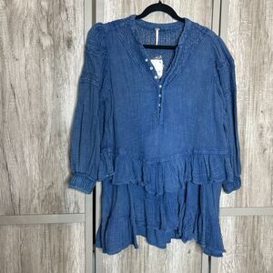 Free People Top Size S Tunic Gauze Sachi Shapeless Tiered Ruffle Hem Blue